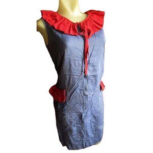 Vintage Womens Dress 6 1960's Handmade Slinky Chambray Red Polka Dot Country Zip